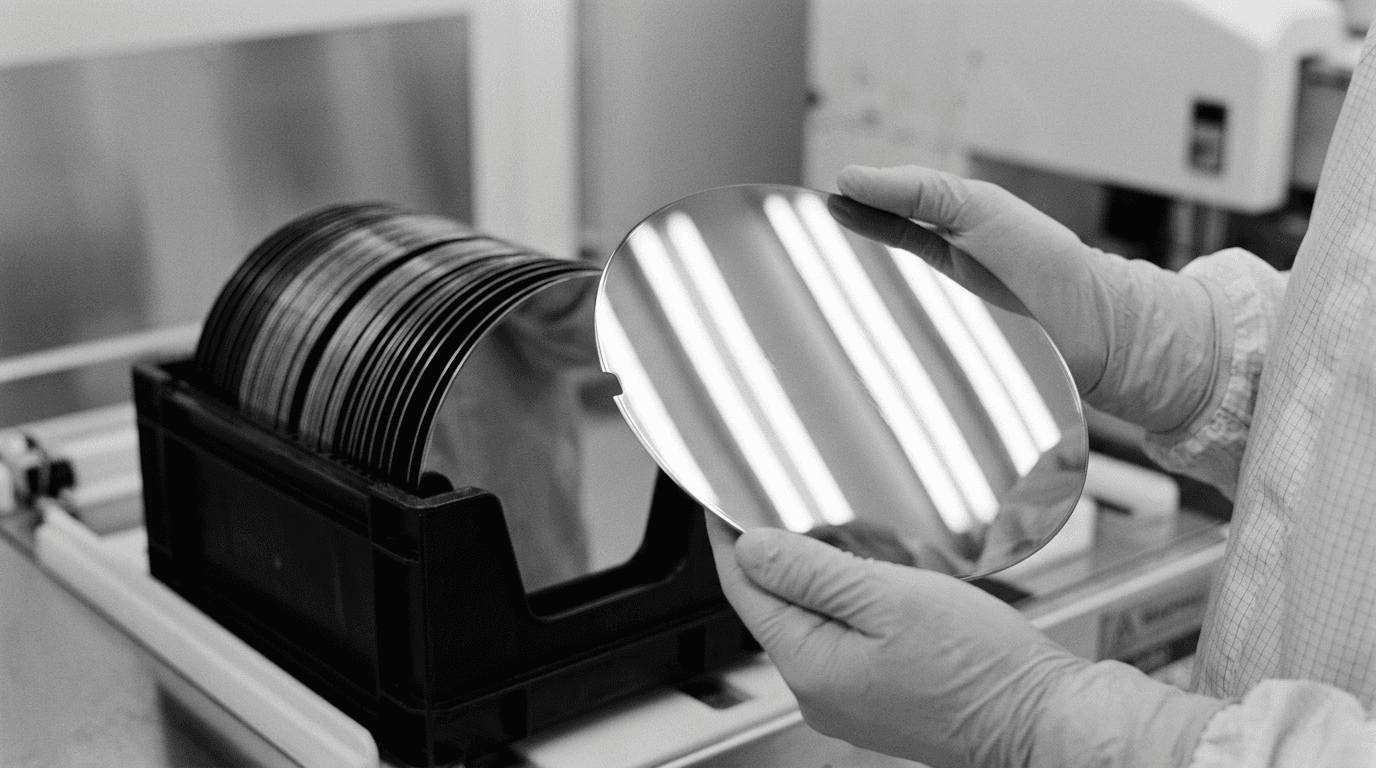Polished 300 mm silicon wafer inspected in a cleanroom