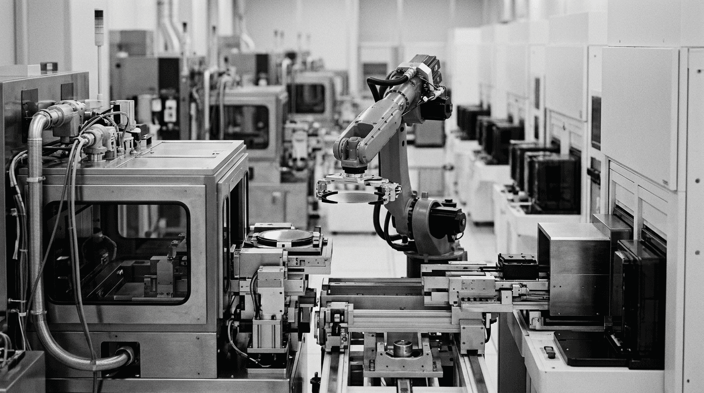 Wafer fabrication bay with handling robot and process tools