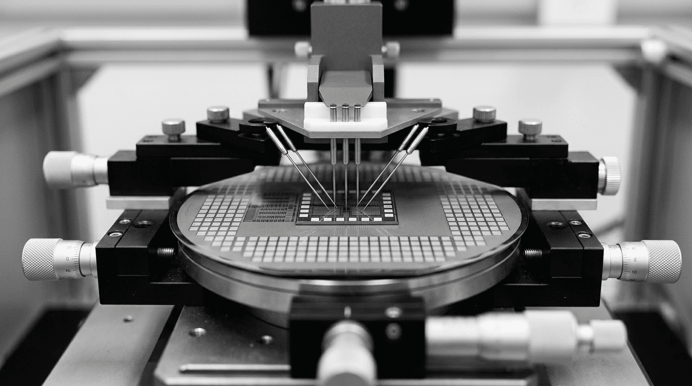 Probe card contacting die pads on a wafer