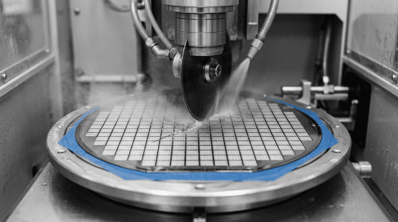Blade saw dicing a wafer mounted on dicing tape
