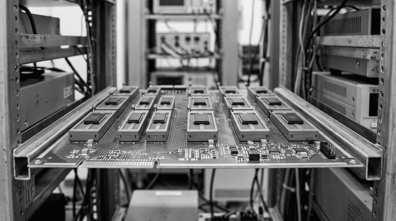 Burn-in board loaded with packaged ICs in test sockets
