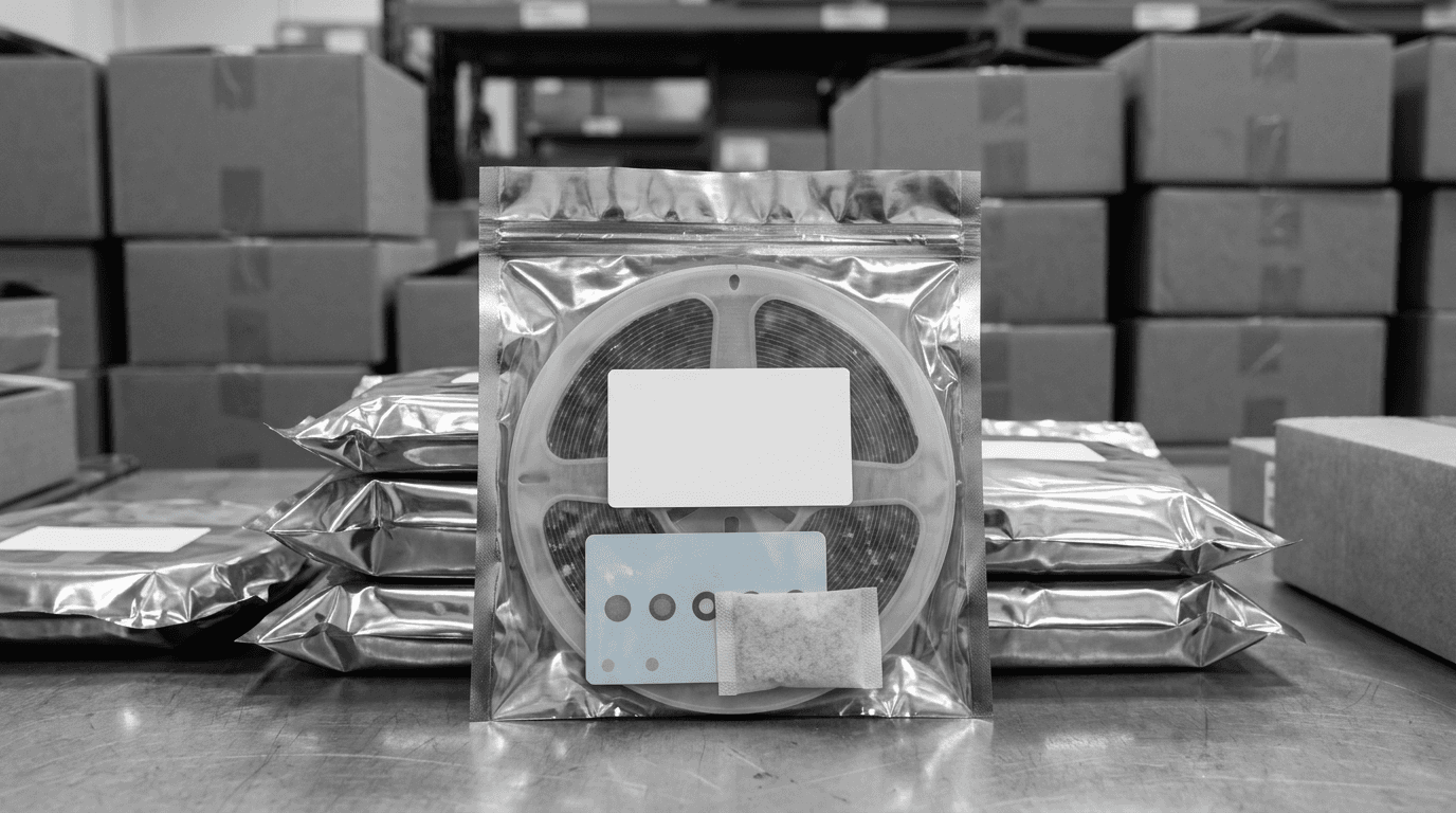Sealed moisture-barrier bag with reel, desiccant and humidity card