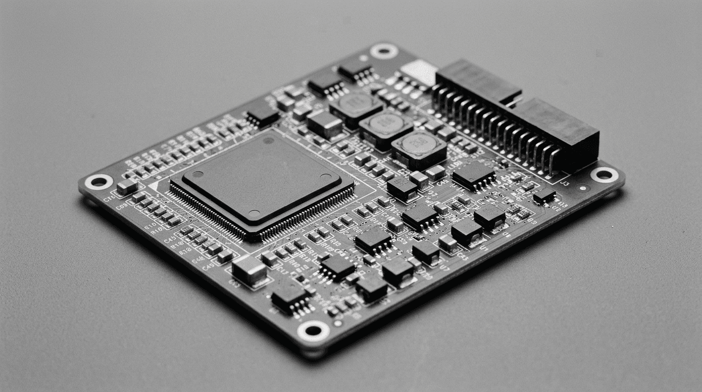 Finished populated printed circuit board with processor and passives